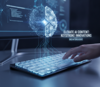 Hand typing beneath holographic AI brain and computer code