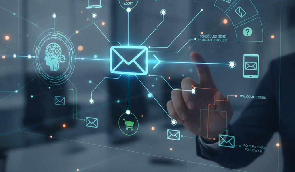 Hand using digital email marketing automation workflow interface