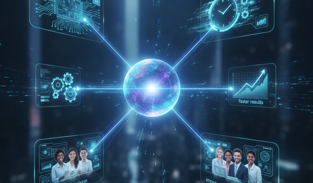 Glowing data hub connecting business analytics panels