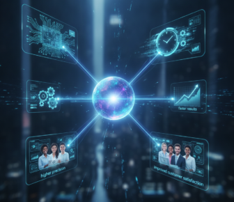 Glowing data hub connecting business analytics panels