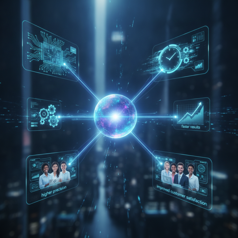 Glowing data hub connecting business analytics panels