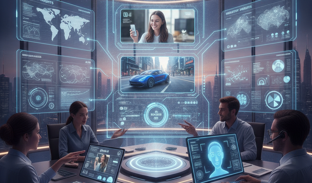 Team collaborating in futuristic data visualisation meeting room