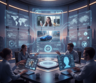Team collaborating in futuristic data visualisation meeting room