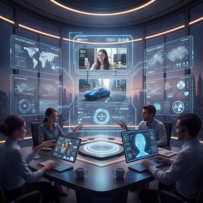 Team collaborating in futuristic data visualisation meeting room