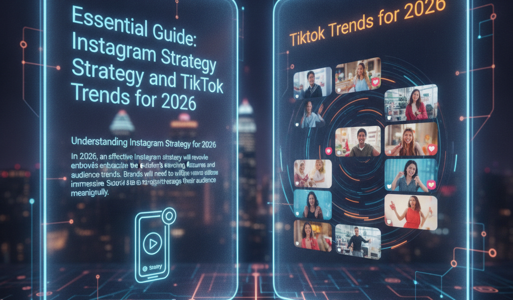 Futuristic digital guides on Instagram strategy and TikTok trends for 2026