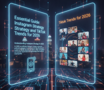 Futuristic digital guides on Instagram strategy and TikTok trends for 2026