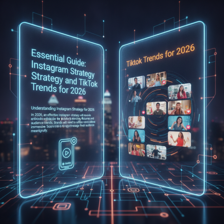 Futuristic digital guides on Instagram strategy and TikTok trends for 2026