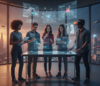Team using augmented reality table and virtual data displays