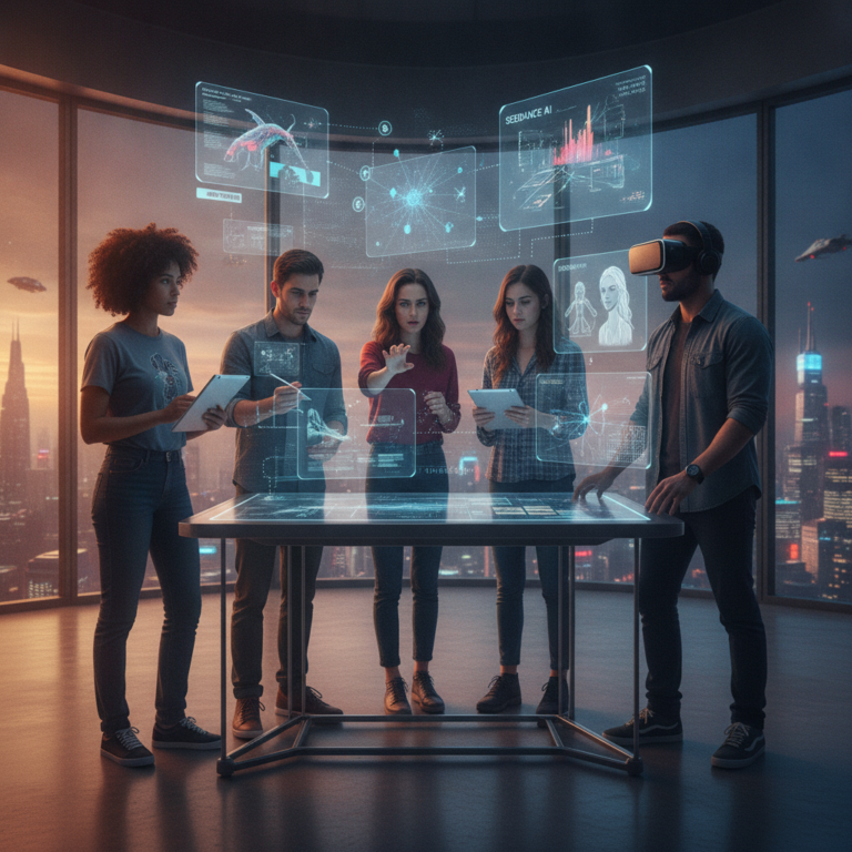 Team using augmented reality table and virtual data displays