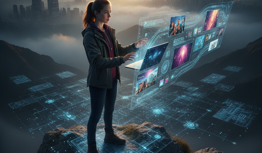 Woman using holographic interface overlooking futuristic city at sunrise