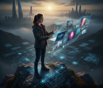 Woman using holographic interface overlooking futuristic city at sunrise