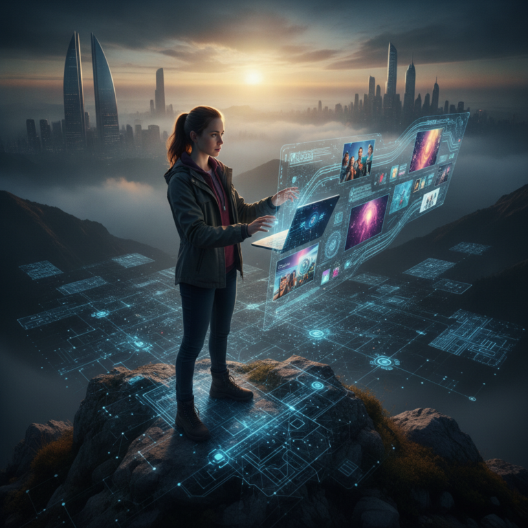 Woman using holographic interface overlooking futuristic city at sunrise