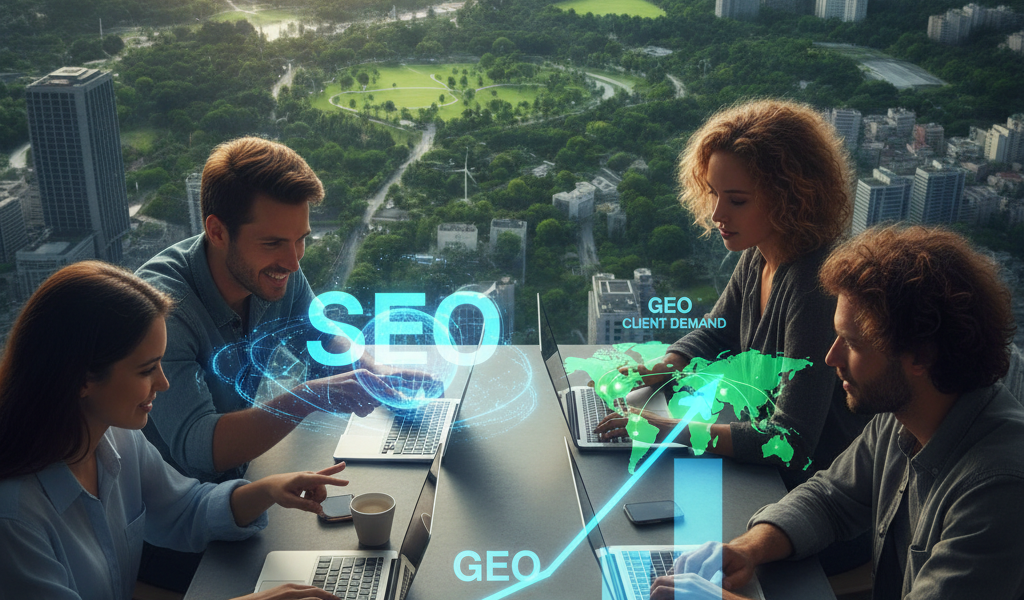 Team discussing SEO and GEO strategy with urban backdrop
