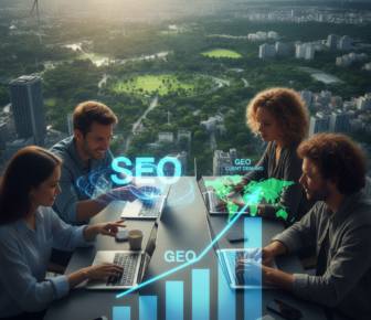 Team discussing SEO and GEO strategy with urban backdrop