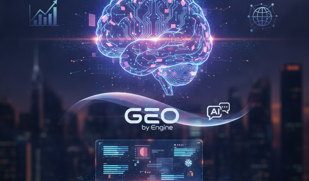 Glowing AI brain with GEO search and analytics icons