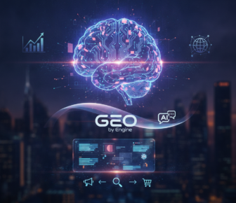 Glowing AI brain with GEO search and analytics icons
