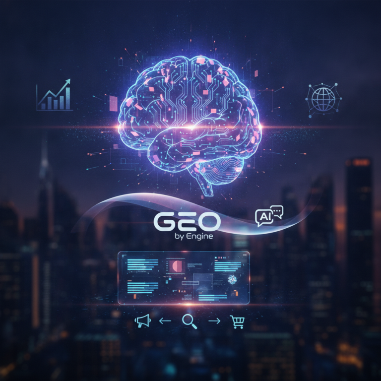 Glowing AI brain with GEO search and analytics icons