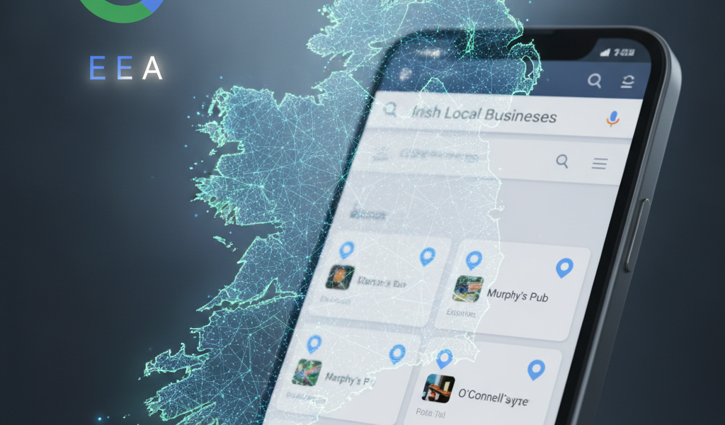 Google local business search on smartphone over digital Ireland map