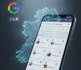 Google local business search on smartphone over digital Ireland map