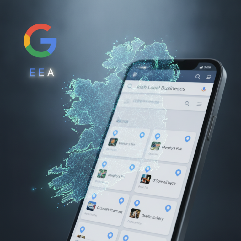 Google local business search on smartphone over digital Ireland map