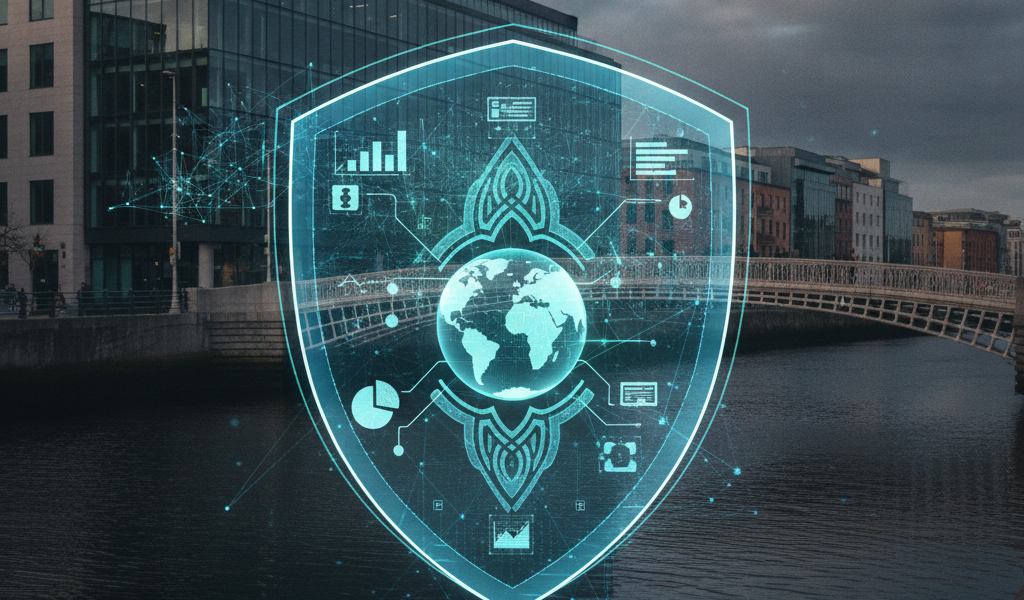 Google Analytics shield graphic over Dublin riverfront, highlighting hostname filters
