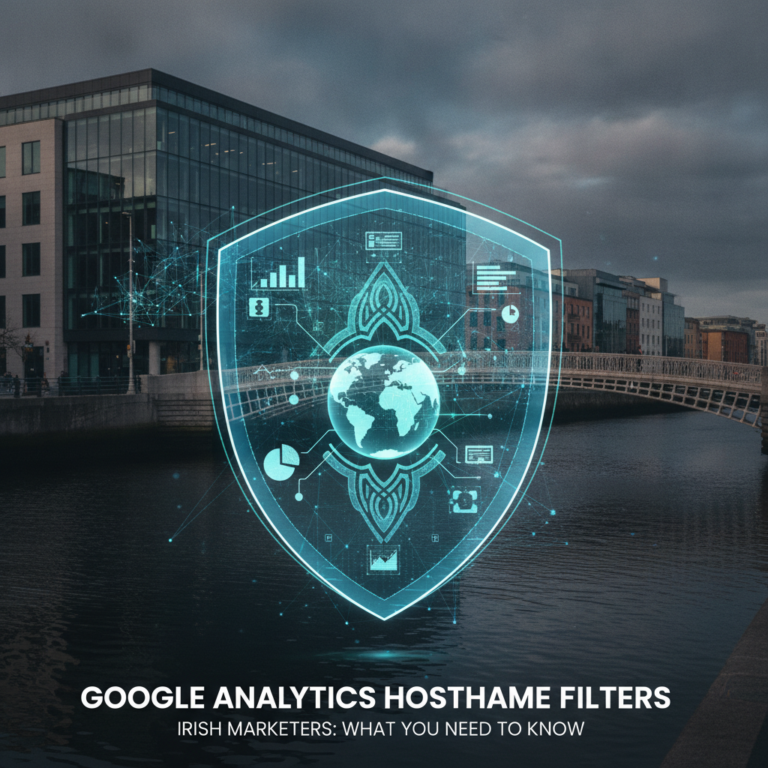 Google Analytics shield graphic over Dublin riverfront, highlighting hostname filters