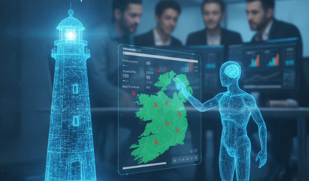 AI agent analyses Ireland map beside holographic lighthouse and SEO team