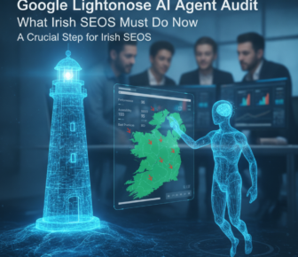 AI agent analyses Ireland map beside holographic lighthouse and SEO team