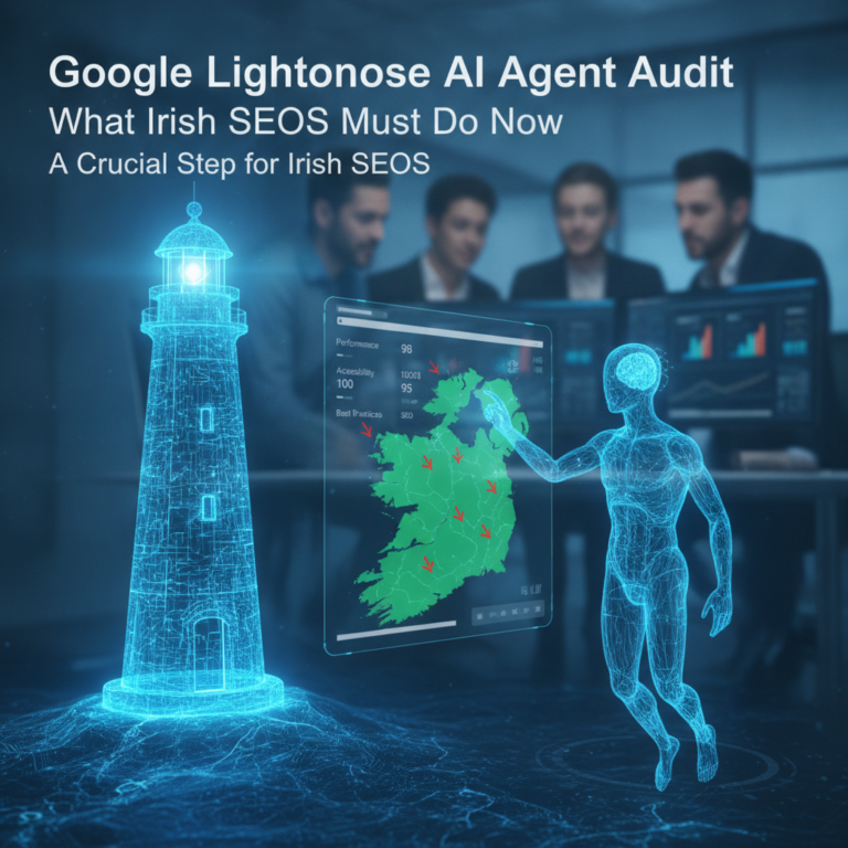 AI agent analyses Ireland map beside holographic lighthouse and SEO team