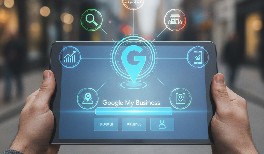 Tablet displaying Google My Business interface with local marketing icons