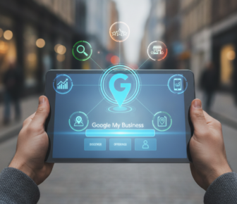 Tablet displaying Google My Business interface with local marketing icons