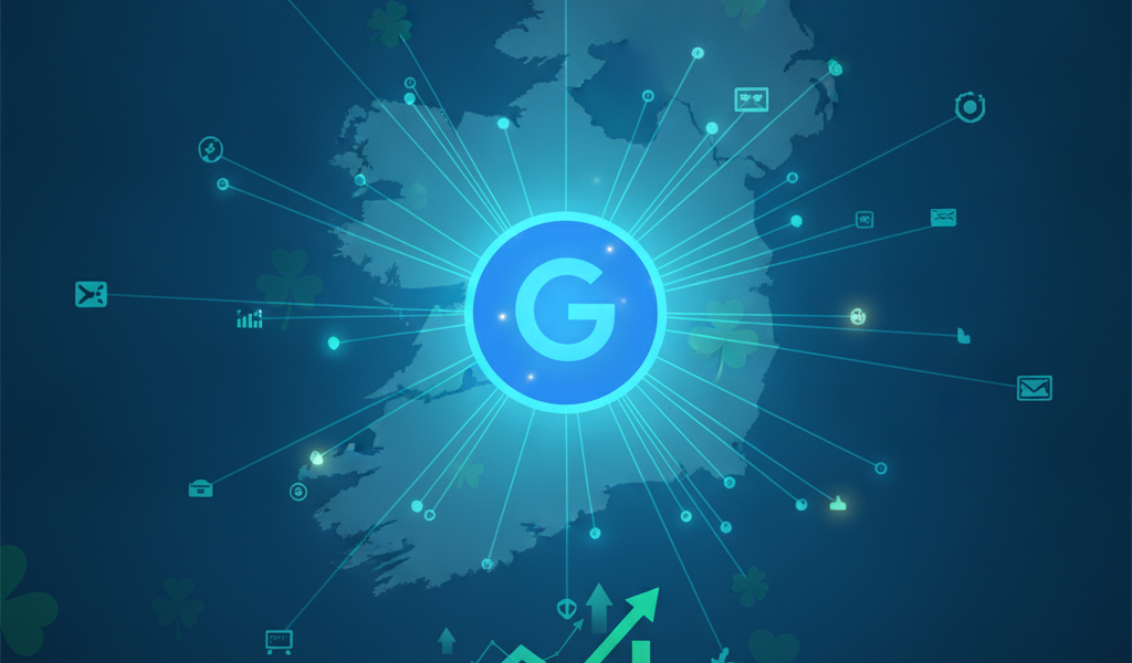 Digital connectivity network over Ireland map with growth chart