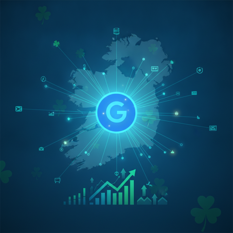 Digital connectivity network over Ireland map with growth chart
