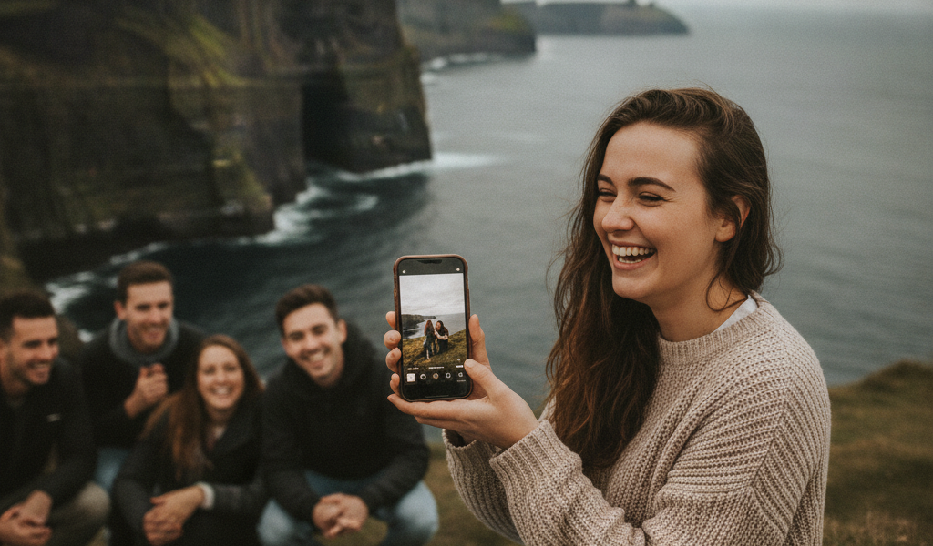 Woman photographs friends beside Irish sea cliffs