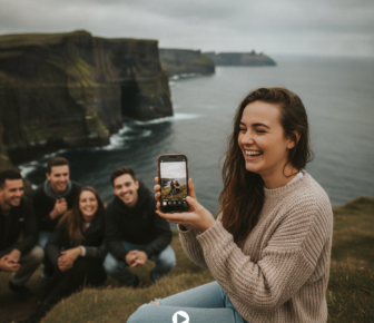 Woman photographs friends beside Irish sea cliffs
