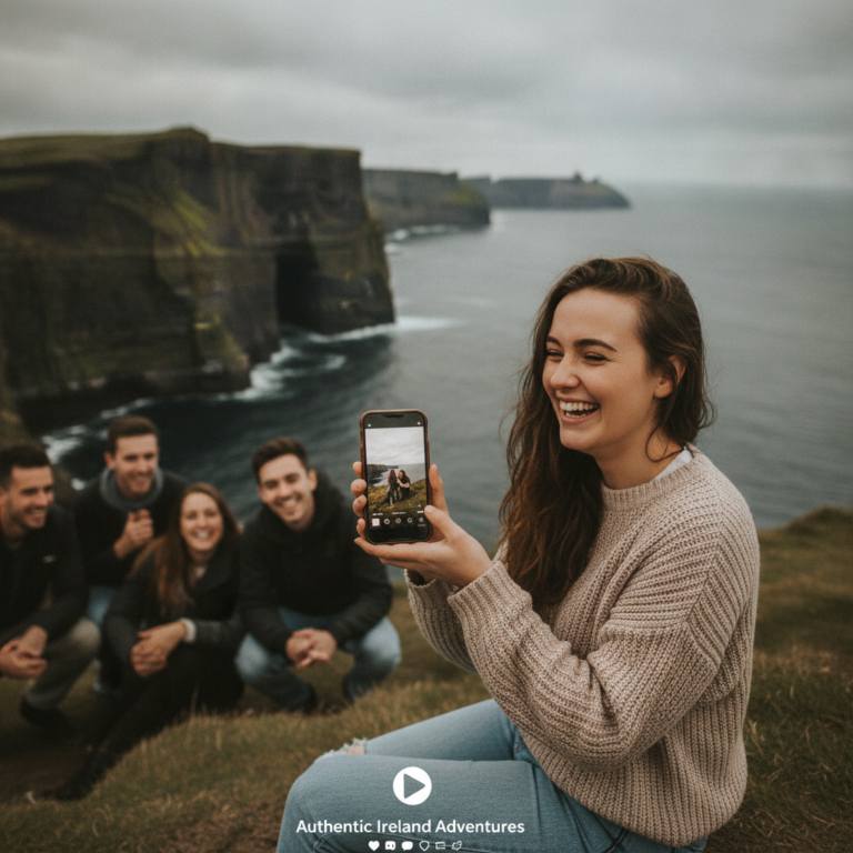 Woman photographs friends beside Irish sea cliffs