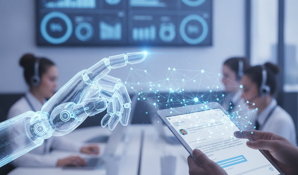 Robotic hand interacting with tablet in AI customer support office