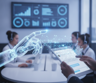 Robotic hand interacting with tablet in AI customer support office