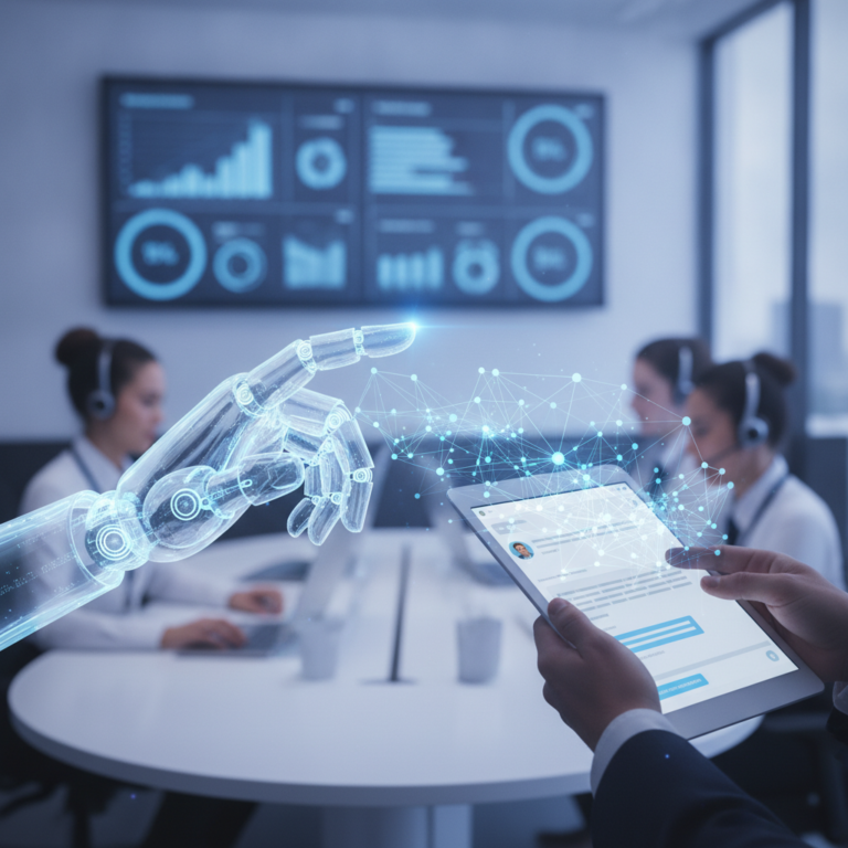Robotic hand interacting with tablet in AI customer support office
