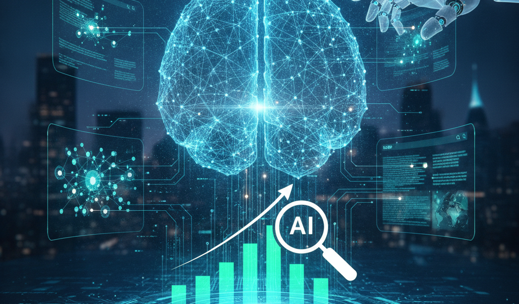 Robotic hand examines digital brain with AI growth chart