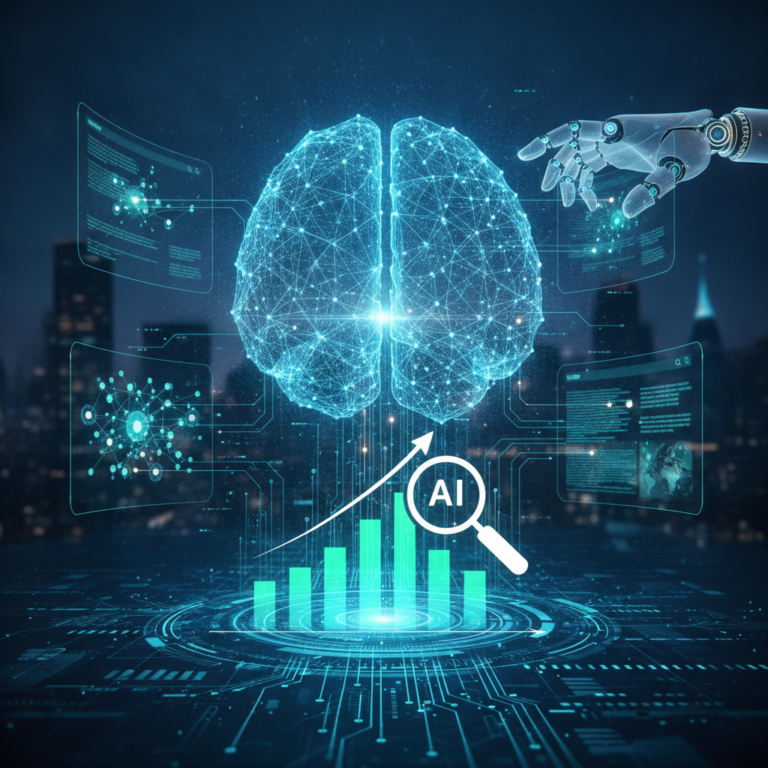 Robotic hand examines digital brain with AI growth chart