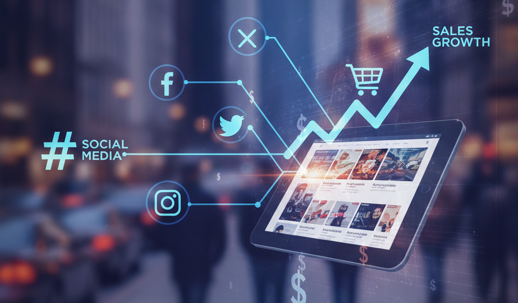 Social media marketing graphic showing tablet, icons, and rising sales chart