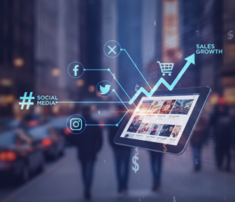 Social media marketing graphic showing tablet, icons, and rising sales chart