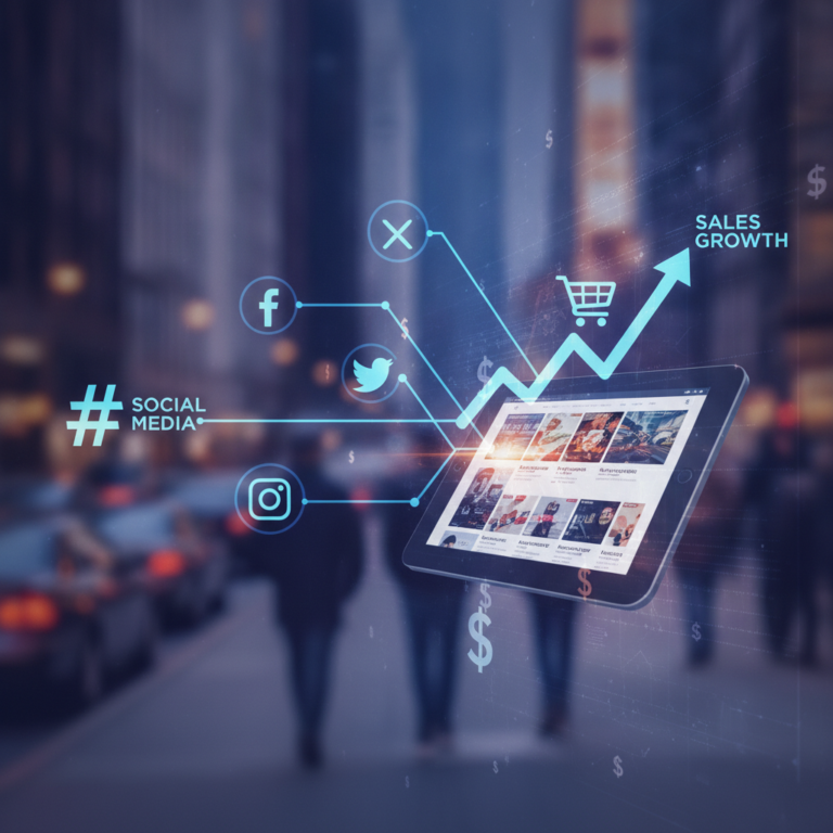 Social media marketing graphic showing tablet, icons, and rising sales chart