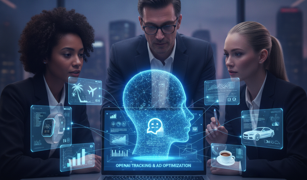 Business team viewing AI marketing analytics hologram on laptop