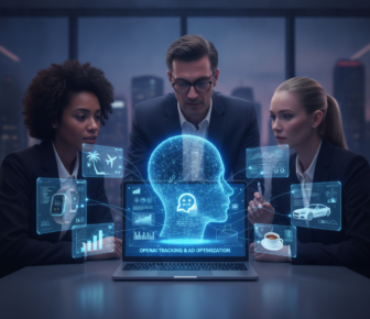 Business team viewing AI marketing analytics hologram on laptop