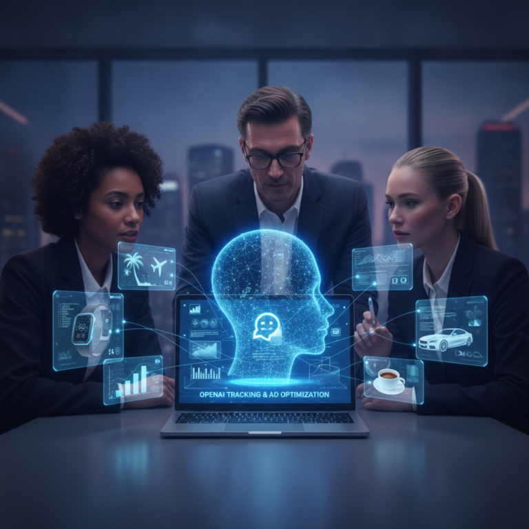 Business team viewing AI marketing analytics hologram on laptop