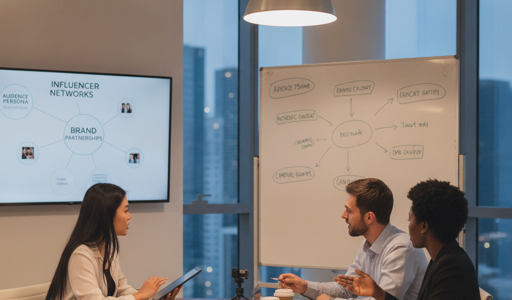 Three colleagues discussing brand partnerships in a modern office