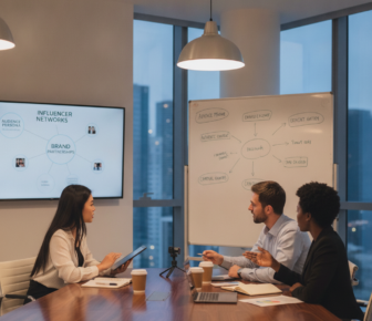 Three colleagues discussing brand partnerships in a modern office