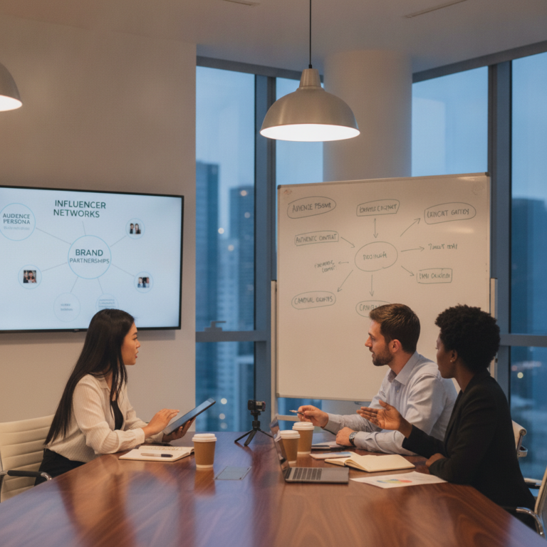 Three colleagues discussing brand partnerships in a modern office